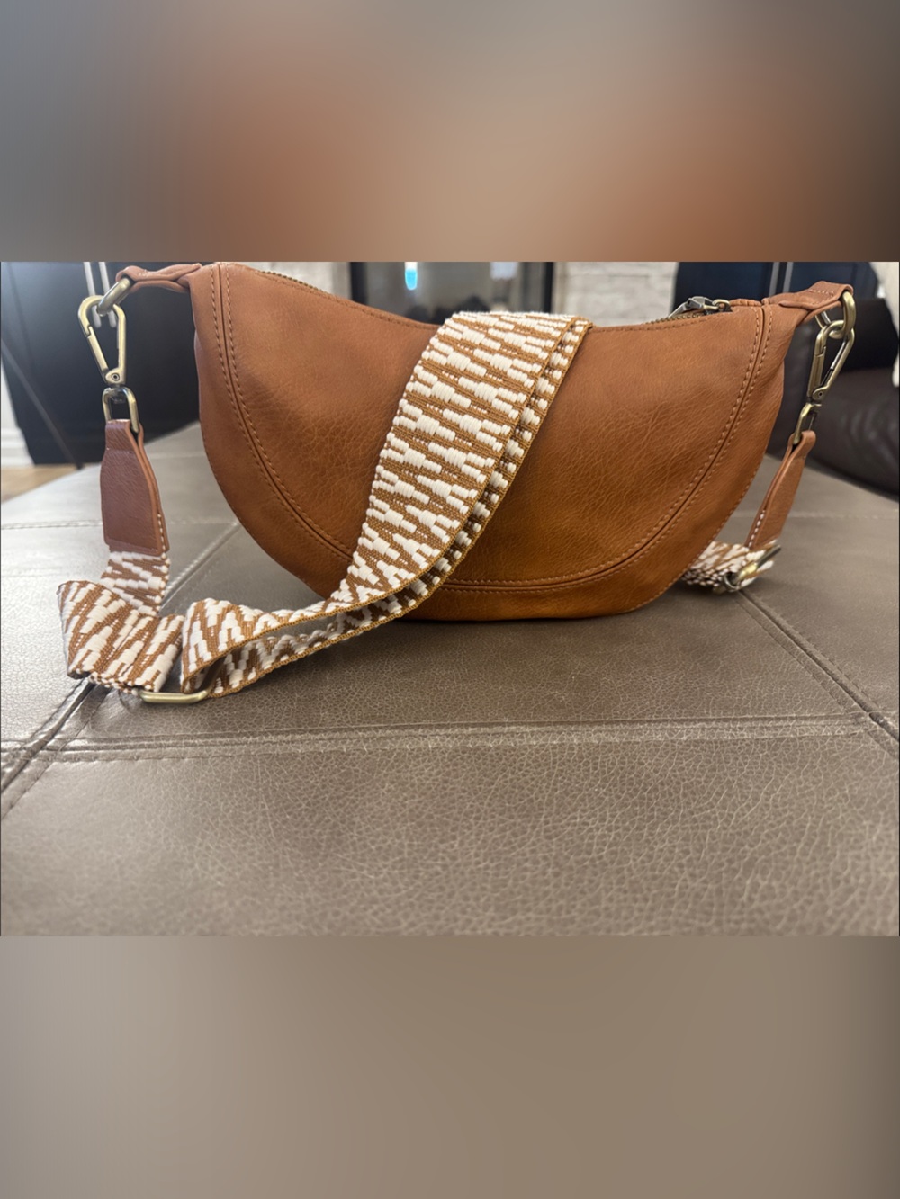Anthropologie Sleek Brown Crescent Shoulder Bag with Woven and Brown Strap